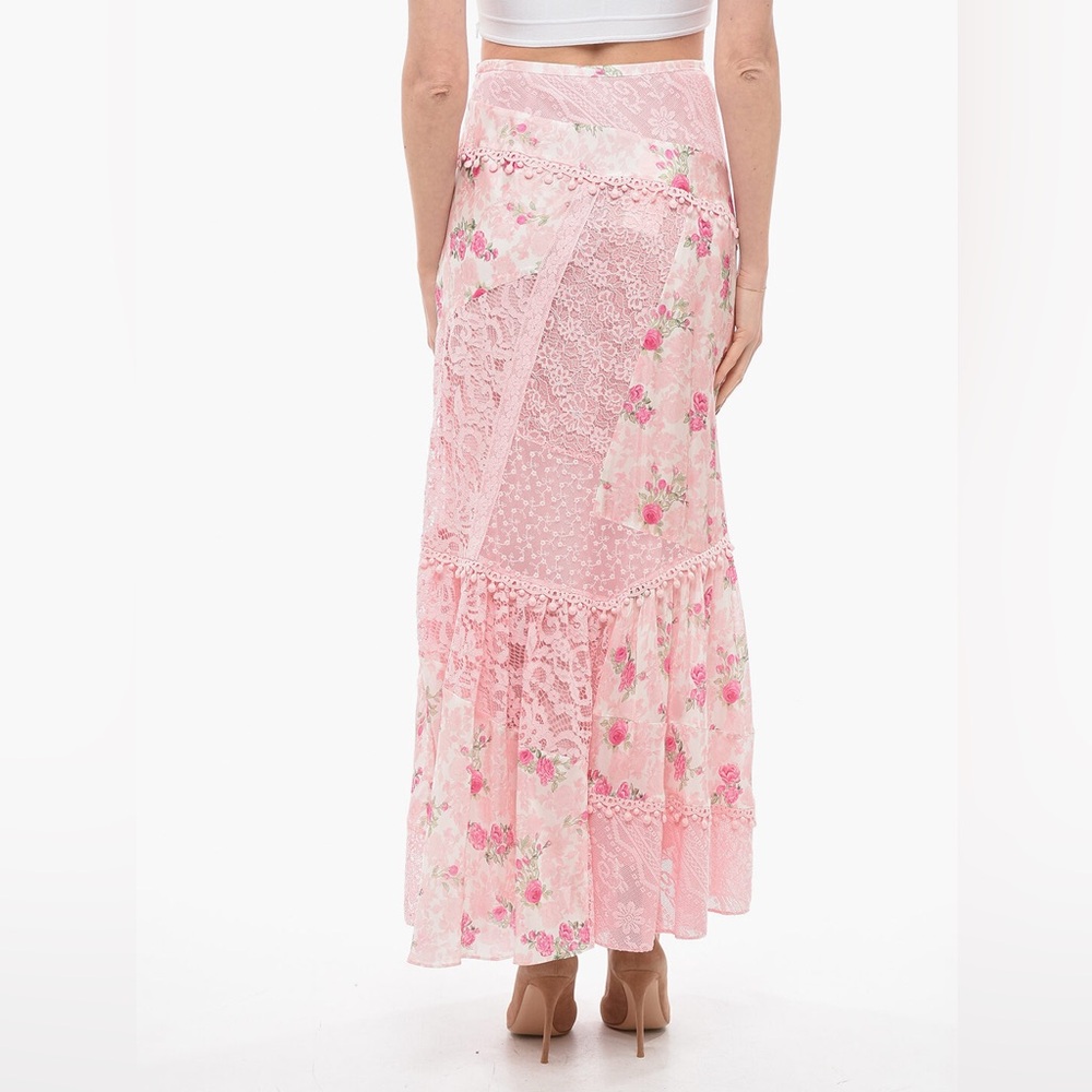 Love shack fancy floral pink lace maxi skirt